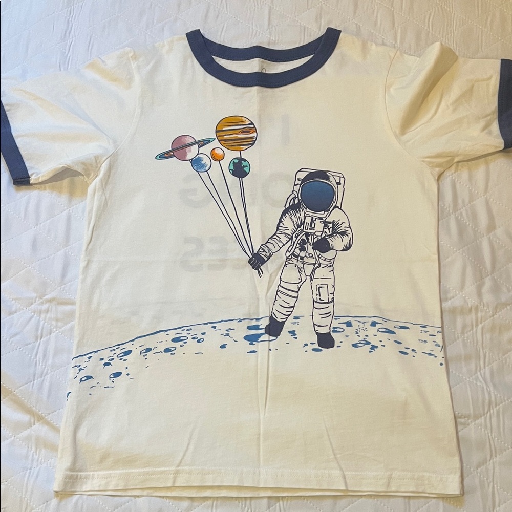 Peek Tee with Navy Trim and Planet Balloon Astronaut- 2 sided graphic